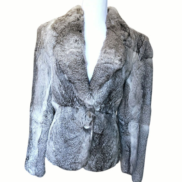Vtg Luxury Rabbit Fur coat Gray Tan double lapel btn close old money glam chic - Picture 2 of 11